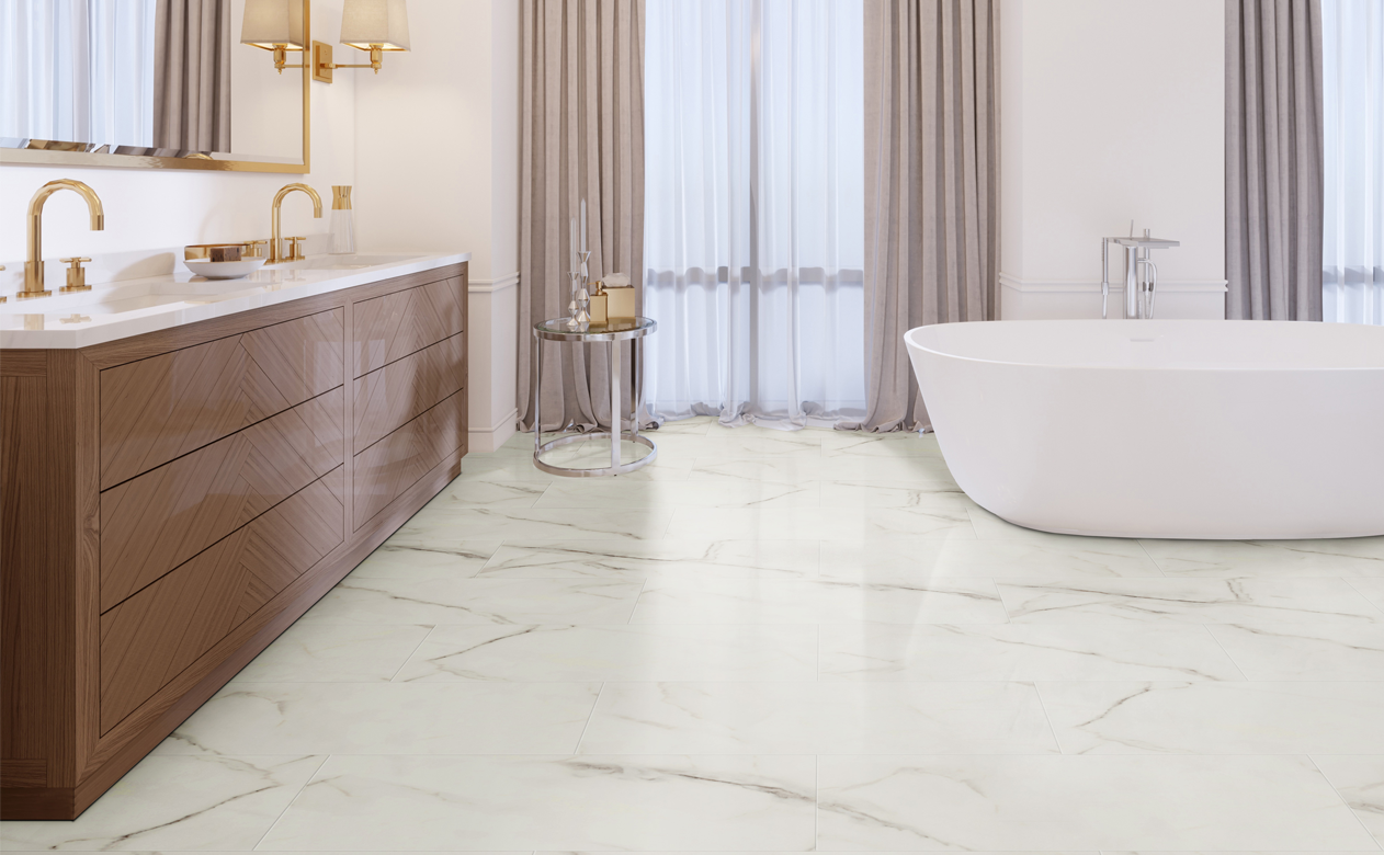 Marble look vinyl tile in bathroom 