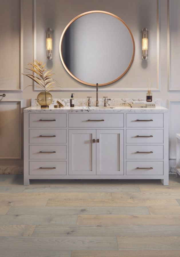 durable waterproof flooring in bathroom with white vanity